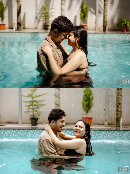 An intimate embrace in the pool. Even in a playful setting, there are opportunities to capture the deep connection and romance between a couple.