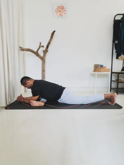 This series breaks down Eka Pada Raja Kapotasana, starting from a gentle forward fold, moving to an upright position with a gentle twist, and finally the full expression. Each step is a practice in itself.