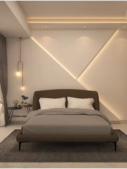 A sophisticated bedroom concept with a neutral color palette and a unique backlit accent wall.