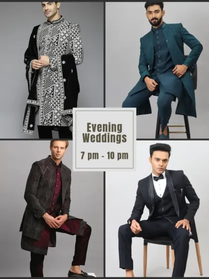 For evening weddings (7-10 pm), think velvet, navy, and gold. This guide shows you four perfect looks from our collection.
