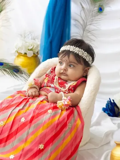 A different headband gives a slightly different look, but she's still the cutest little Radha. I provide various accessories to customize your festive shoot.
