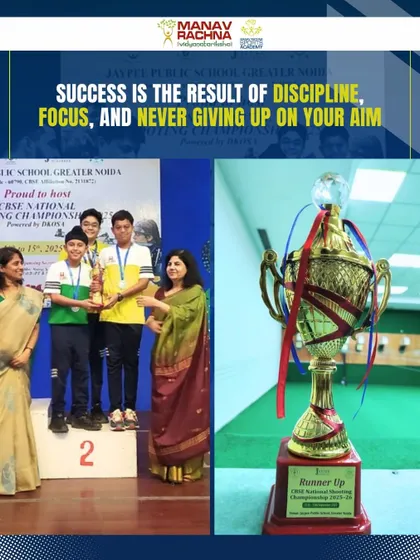 Our young shooters celebrating their Team Silver Medal win at the CBSE National Shooting Championship. Success is the result of discipline, focus, and never giving up on your aim.