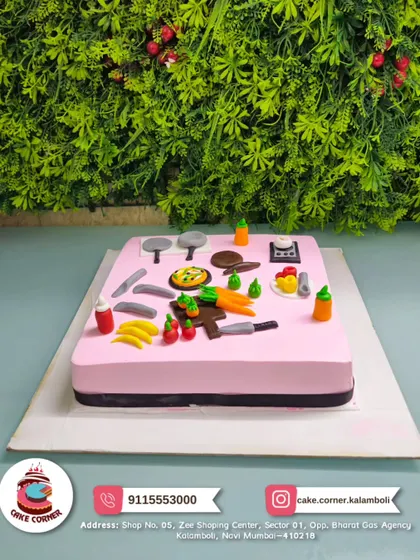 A fun cake for a chef or foodie, covered in tiny edible kitchen tools and vegetables. This rectangular cake is a creative tribute to a love for cooking.