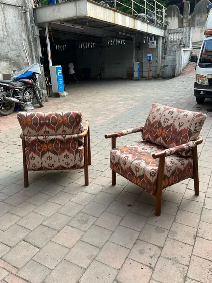 A back and side view of the ikat lounge chairs.