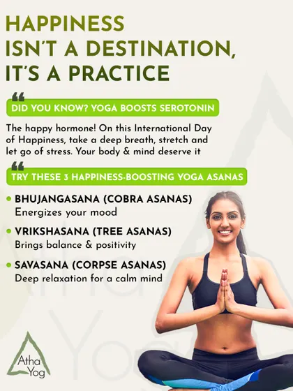 Did you know yoga boosts serotonin, the happy hormone? This graphic highlights happiness-boosting asanas like Cobra, Tree, and Savasana to energize your mood and calm your mind.
