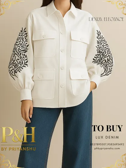 A close-up of the white denim utility shirt, showing the intricate black floral embroidery on the sleeves and the functional pocket details.