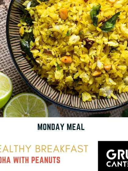 For a light and healthy breakfast, I offer Poha made with flattened rice, tempered with mustard seeds, curry leaves, and turmeric, and garnished with peanuts. It's a great way to start your workday.