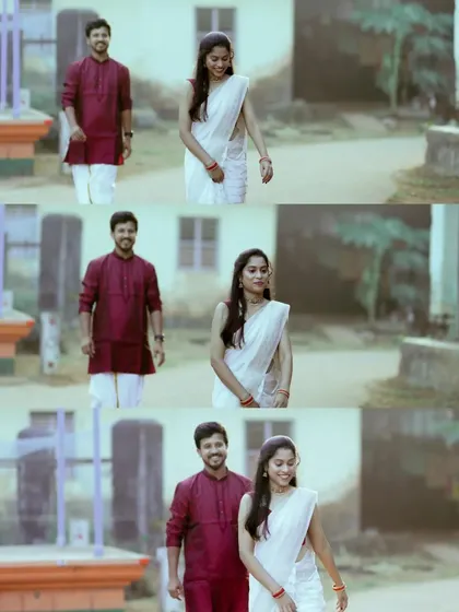 A sequence of shots showing a couple walking together. This collage style captures the progression of a moment, telling a small story within a single image.