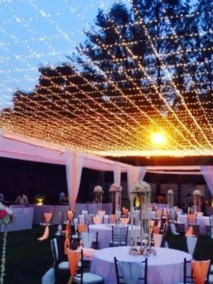 I can transform large outdoor spaces for evening events like this sangeet or reception. Here, I created a canopy of fairy lights over the entire guest seating area to build a magical and festive atmosphere.