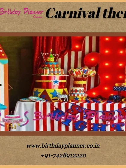 A classic Carnival theme with bold red and white stripes. This setup includes a multi-tiered cake display, circus-style fonts, and large marquee lights to capture the fun and excitement of the fair.