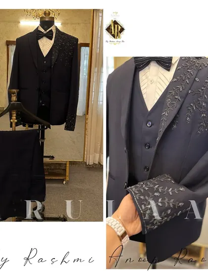 For this navy blue suit, we opted for a subtle, tonal embroidery. The delicate floral vine pattern on the lapel and cuffs adds a touch of personality without being overpowering, making it perfect for a client who wanted a clean, elegant look.