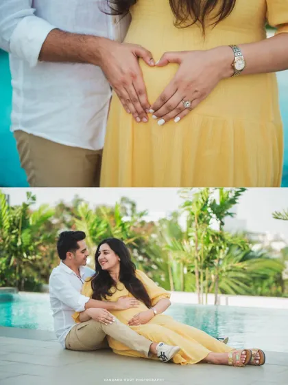 A collage showing a close-up of the couple making a heart shape with their hands on the baby bump, and a full shot of them relaxing by the pool.