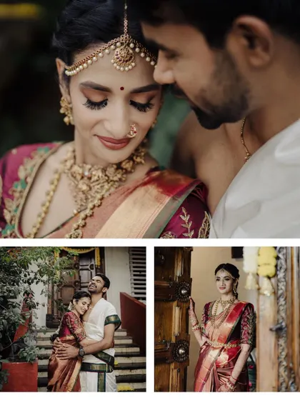 A beautiful collage that captures the essence of a South Indian couple's wedding day. It blends an intimate portrait with shots that showcase their traditional attire and loving interactions.