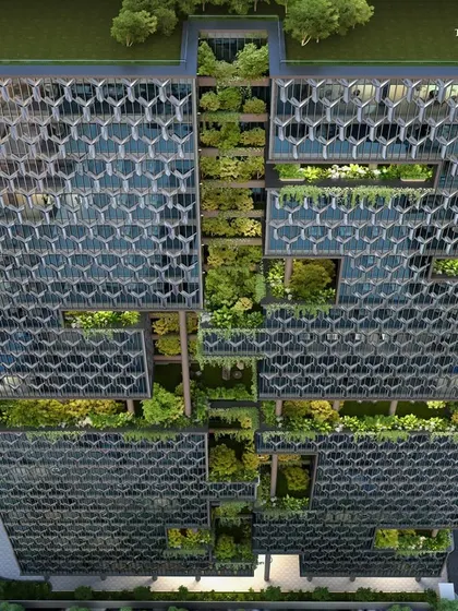 This ongoing commercial tower in Worli features a dynamic facade that perfectly blends aesthetics with engineering precision. The stepped terraces and unique honeycomb pattern create a lively visual rhythm against the urban landscape.