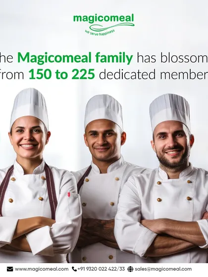 Our family is growing. This graphic celebrates the expansion of our team from 150 to 225 dedicated members, a testament to our growth and commitment to excellence in institutional catering.