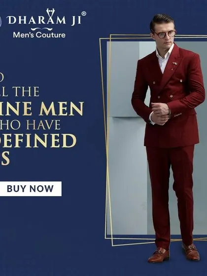 To all the fine men who have defined us. A graphic featuring a model in a sharp, double-breasted maroon suit.