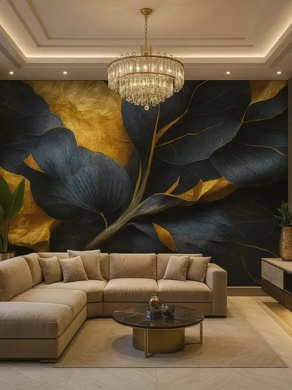 This luxurious wallpaper design showcases large, dark leaves with striking gold accents, perfect for creating a moody and opulent feature wall in a living room or bedroom.