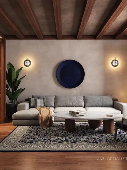 A design rendering of a rustic-modern living room. This concept features a comfortable grey sectional, a raw wood ceiling, and a mix of natural textures to create a warm, earthy, and sophisticated ambiance.