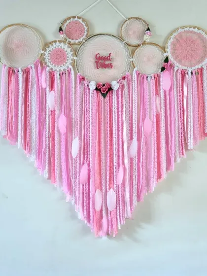 A full shot of the 4-foot Pink Floral Cluster Dreamcatcher, a beautiful statement piece that brings 'Good Vibes' and a touch of floral elegance to any large wall.