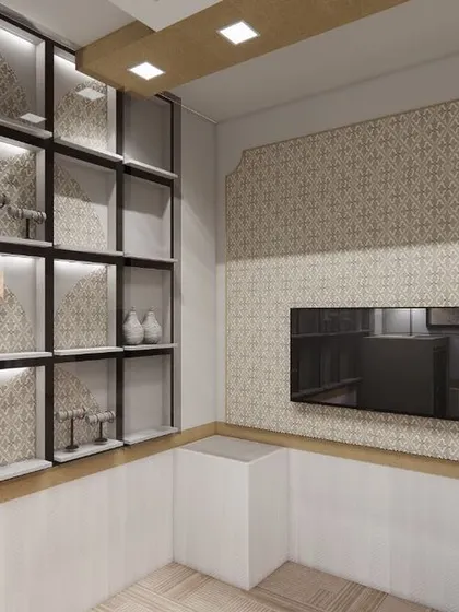 This angle shows the use of patterned wallpaper to add texture and elegance to the jewellery store. The design creates a luxurious backdrop without overwhelming the space.