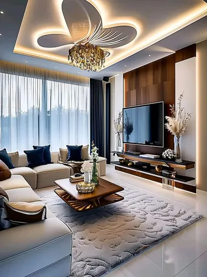 A luxurious living room design concept featuring a stunning false ceiling with a chandelier, a wood-paneled TV wall, and a comfortable sectional sofa.