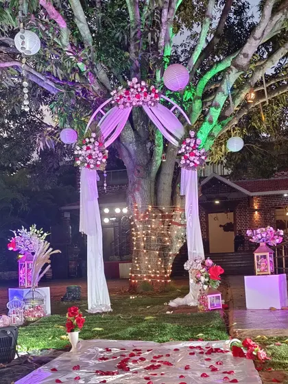 I love transforming outdoor spaces into magical settings. Here, I created a romantic entrance for an evening function by draping a large tree with fabric, flowers, and fairy lights, setting a beautiful tone for the event.