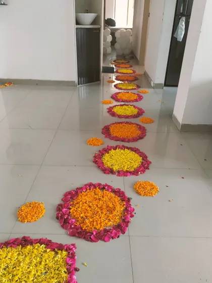 A view of the beautiful and long flower petal walkway we created inside the house for a special baby welcome.