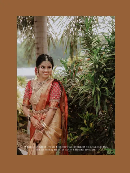 A beautiful portrait of the bride in a garden, framed with a quote about her wedding day.