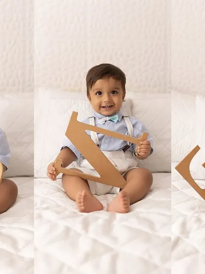 A collage showing a little boy playing with the letters O-N-E to celebrate his first birthday. A simple and personal way to mark the occasion.
