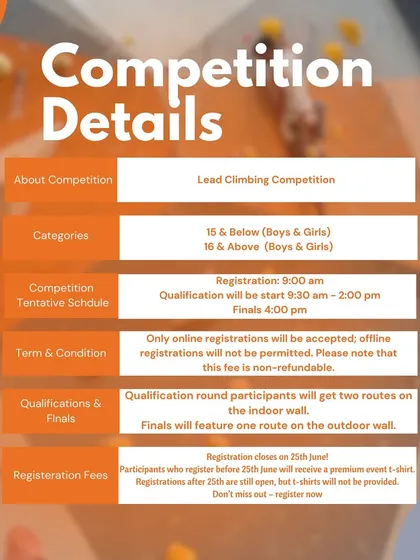 All the details for The Crux League are right here. This graphic covers the competition schedule, categories for different age groups, registration fees, and the format for qualifiers and finals.
