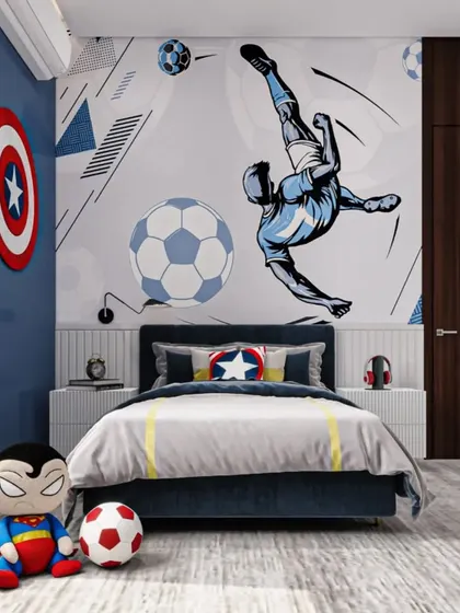 A dream room for a young football and superhero fan. This design features a dynamic football-themed wall mural and a Captain America shield, creating an action-packed environment.