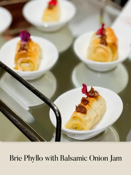 A classic combination of Brie cheese with sweet and tangy balsamic onion jam, all wrapped in a crispy phyllo pastry.