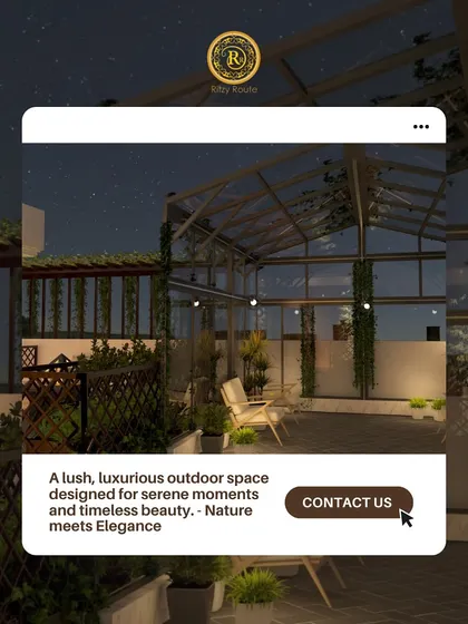 A lush, luxurious outdoor space designed for serene moments and timeless beauty. This glass-enclosed terrace is perfect for enjoying the night sky in comfort.