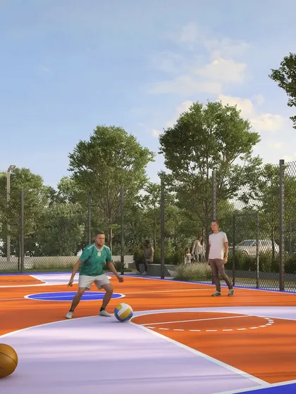 A multi-purpose sports court designed for the 'Nature in Pockets' community. Our master planning integrates active recreational facilities to promote a healthy lifestyle for residents of all ages.