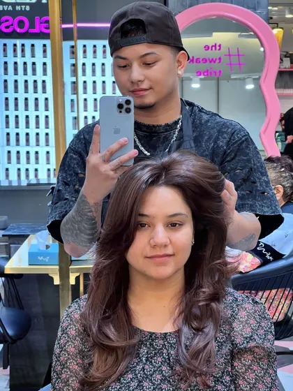 A selfie with a client showing off her new deep brown hair and fresh haircut. A happy client is my ultimate goal.