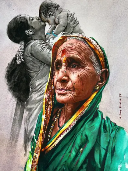 This painting is a tribute to all mothers and grandmothers. It combines a detailed color portrait with a monochrome memory, symbolizing the continuity of love and the stories passed down through generations.