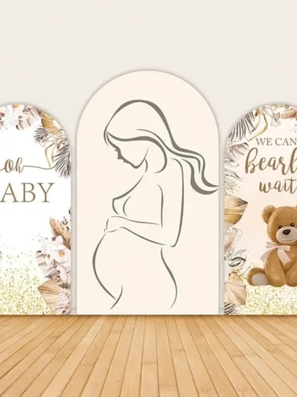 A third design option for our popular teddy bear themed baby shower backdrop, showcasing different text and layout possibilities.
