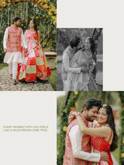 A collage of love from a Haldi ceremony. It combines a candid walking shot with intimate black and white and color portraits, telling a complete story.