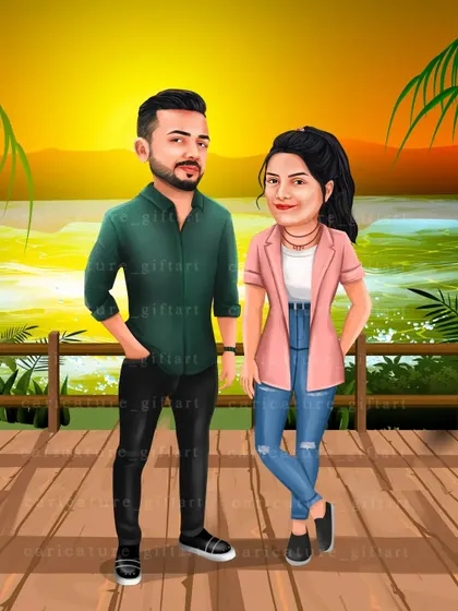 Another version of the sunset beach caricature, this time with the couple in casual and trendy outfits. You can completely customize the clothing and style.