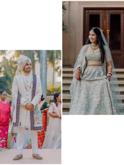 A diptych of the bride and groom's individual entrances, building anticipation for their meeting at the mandap.