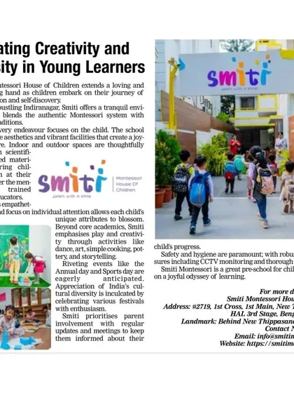 The published article in the Times of India, detailing our school's nurturing environment, authentic Montessori system, and joyful approach to learning.