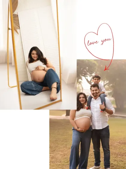 A creative maternity collage, combining a mirror self-portrait with a beautiful outdoor family photo. This tells a story of introspection and family love.