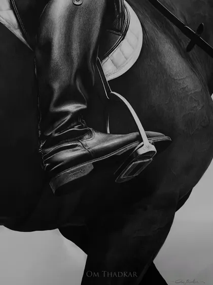 'Leather & Flesh', a 2 by 3 foot hyperrealistic charcoal drawing. This piece focuses on the intimate details of equestrian life, from the texture of the leather boot to the powerful muscle of the horse.
