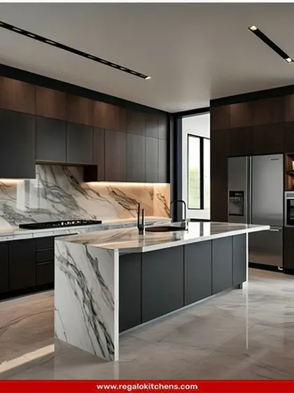 This kitchen showcases a powerful combination of dark wood and dramatic marble. The waterfall island is the star of the show, providing a luxurious and durable surface for all your culinary activities.
