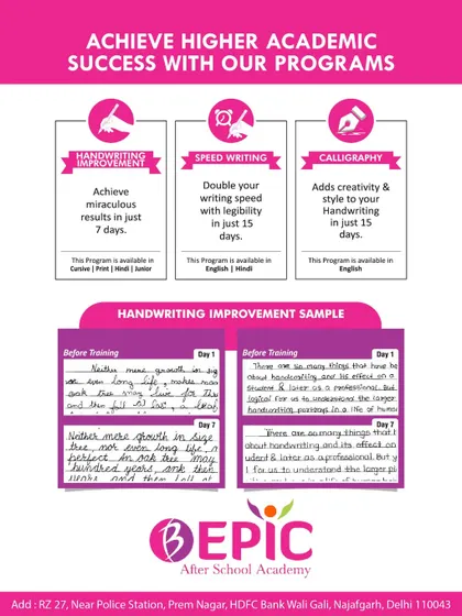 Is your child's handwriting a concern? Our specialized handwriting improvement program delivers visible results in just a few weeks. This sample shows the clear transformation from day 1 to day 7, turning messy script into neat, legible writing.