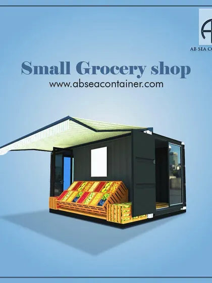 A shipping container can be converted into a compact and efficient small grocery shop or pop-up retail store. This design features a convenient awning and an open front to display produce.