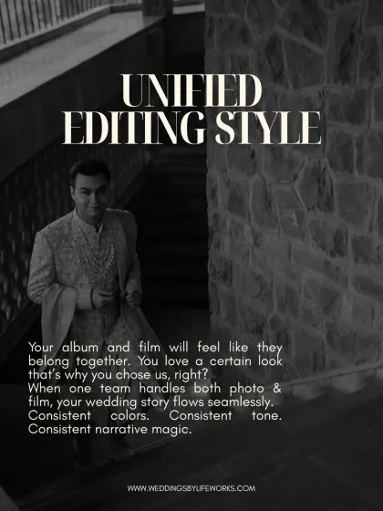 "Unified Editing Style." When one team handles both photo and film, your wedding story flows seamlessly. You get consistent colors, a consistent tone, and consistent narrative magic across your album and your film.