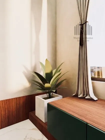A close-up detail of the bedroom, highlighting the clean lines and the blend of wood and green tones.