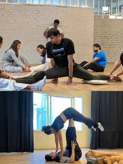 A collection of images showing our students engaged in partner stretching and acro-yoga, demonstrating the trust and teamwork we foster.