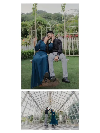 A collage showing two different playful moments from an outdoor pre-wedding shoot. One on a swing and another dancing in a beautiful glasshouse, showcasing fun and romance.